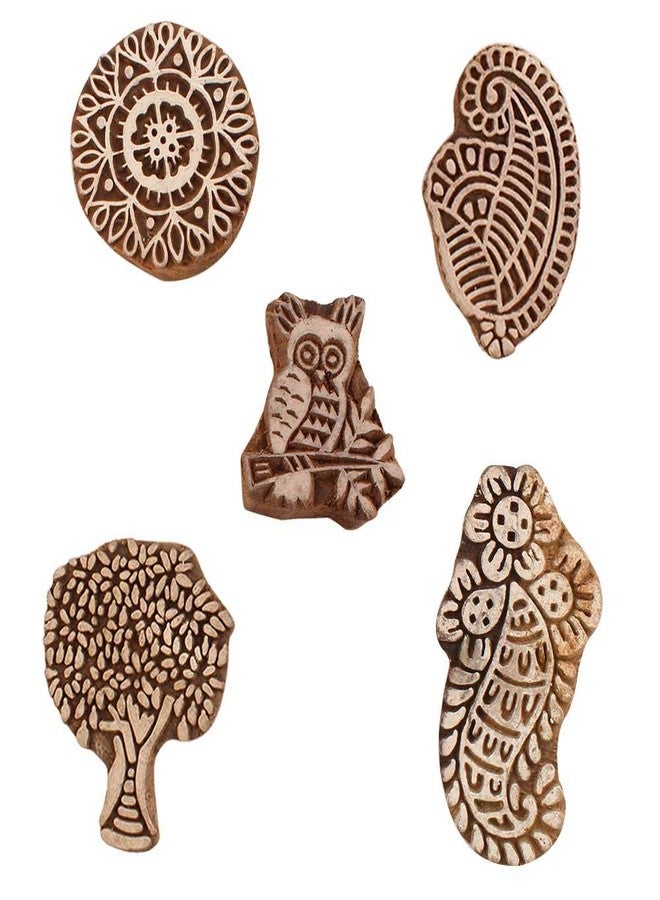 Indian-Shelf Handmade Vocalforlocal Set of 5 New Mix Wooden Printing Blocks (4.44 cm, Brown) - Image 1